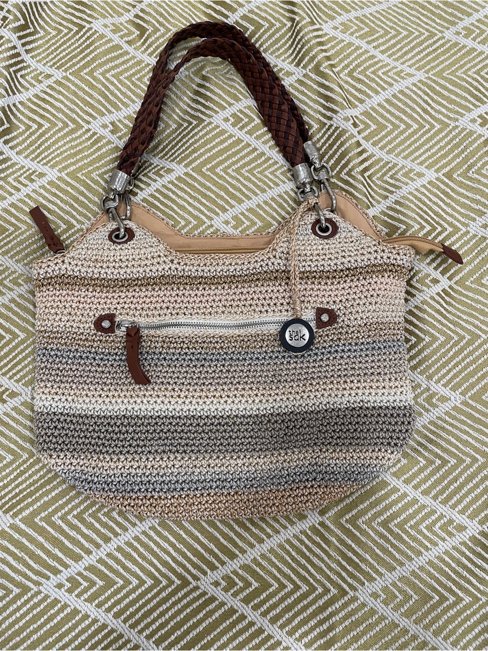 The Sak Beige and Brown Striped Crochet Tote with Braided Handles